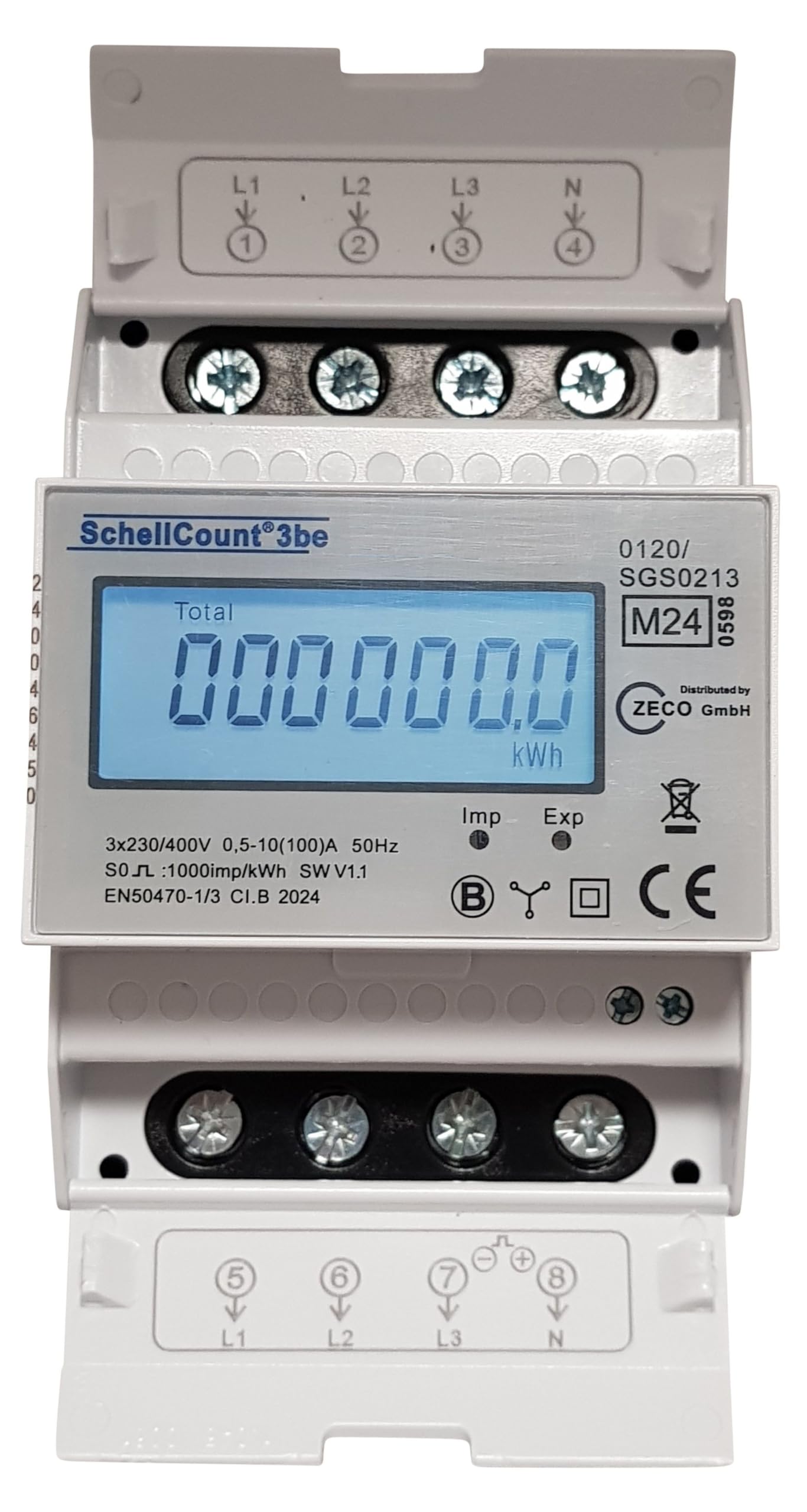 Stromzähler - SchellCount3be für Hutschiene Drehstromzähler 100A, 4TE, S0, digital LCD weiß-blau beleuchtet