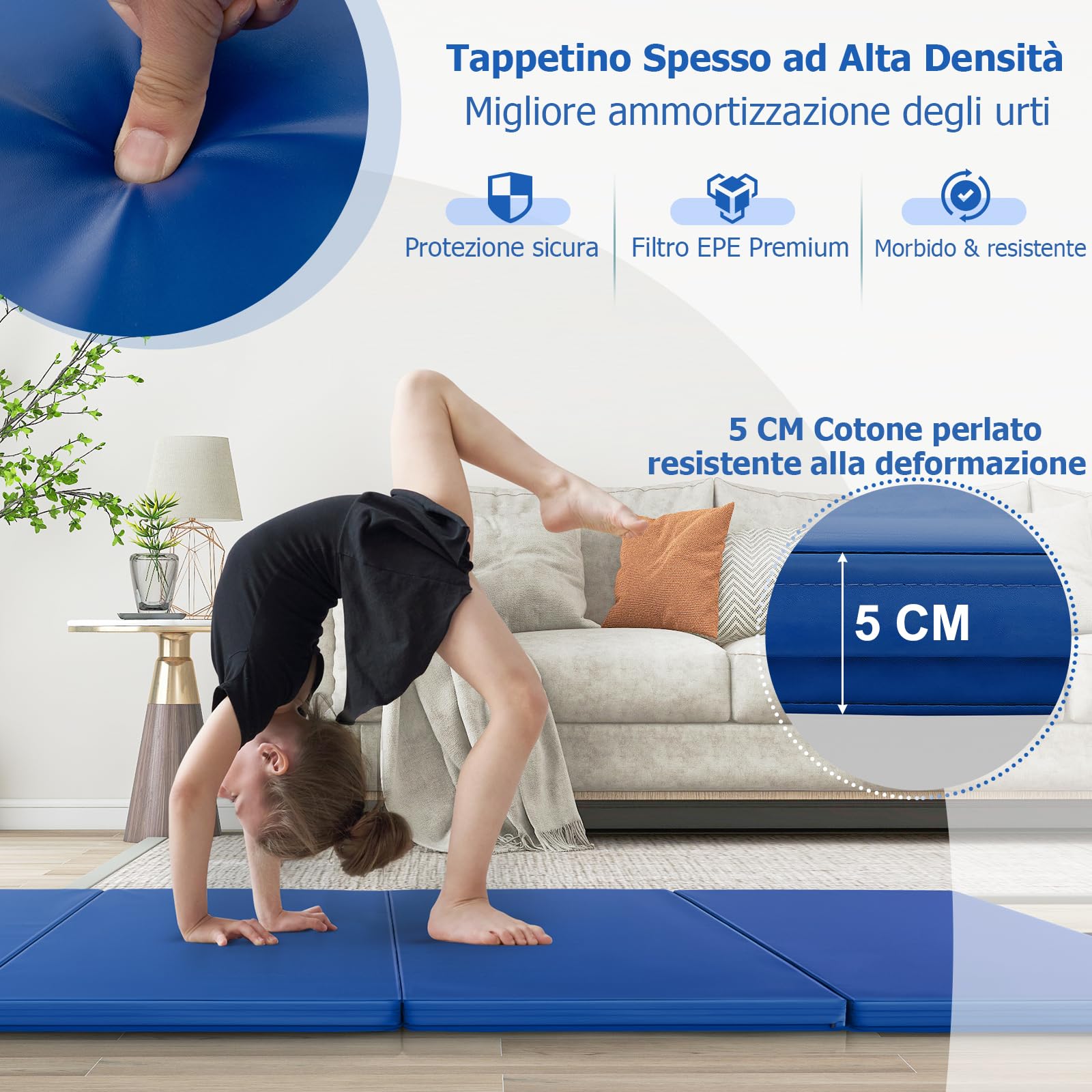 GYMAX Tappetino Ginnico Pieghevole a 4 Pannelli, Spesso 5 cm in Ecopelle con Chiusure a Strappo, Maniglie Portatili, Tappetini Portatili per Ginnastica, Arti Marziali, Yoga