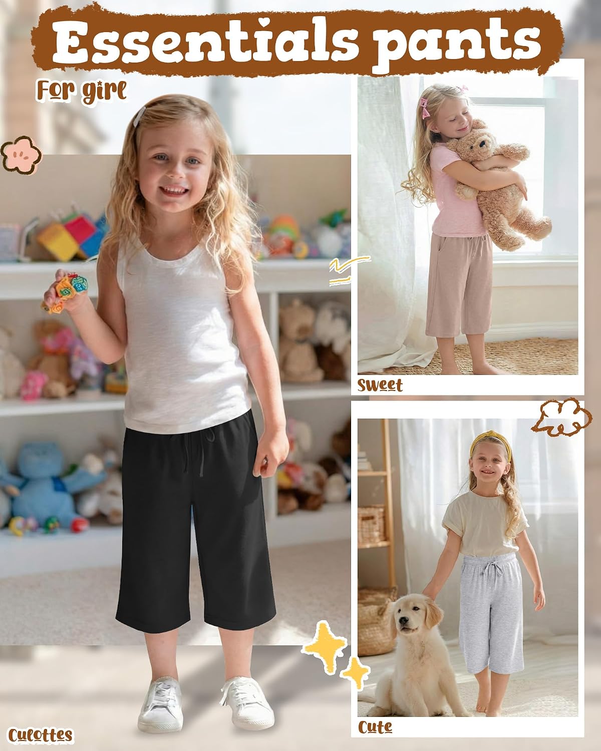 3 Pack Girls Capris Summer Capri Pants 5-16 Years Wide Leg Elastic Waist Cropped Pants Loose Sweatpants with Pocket