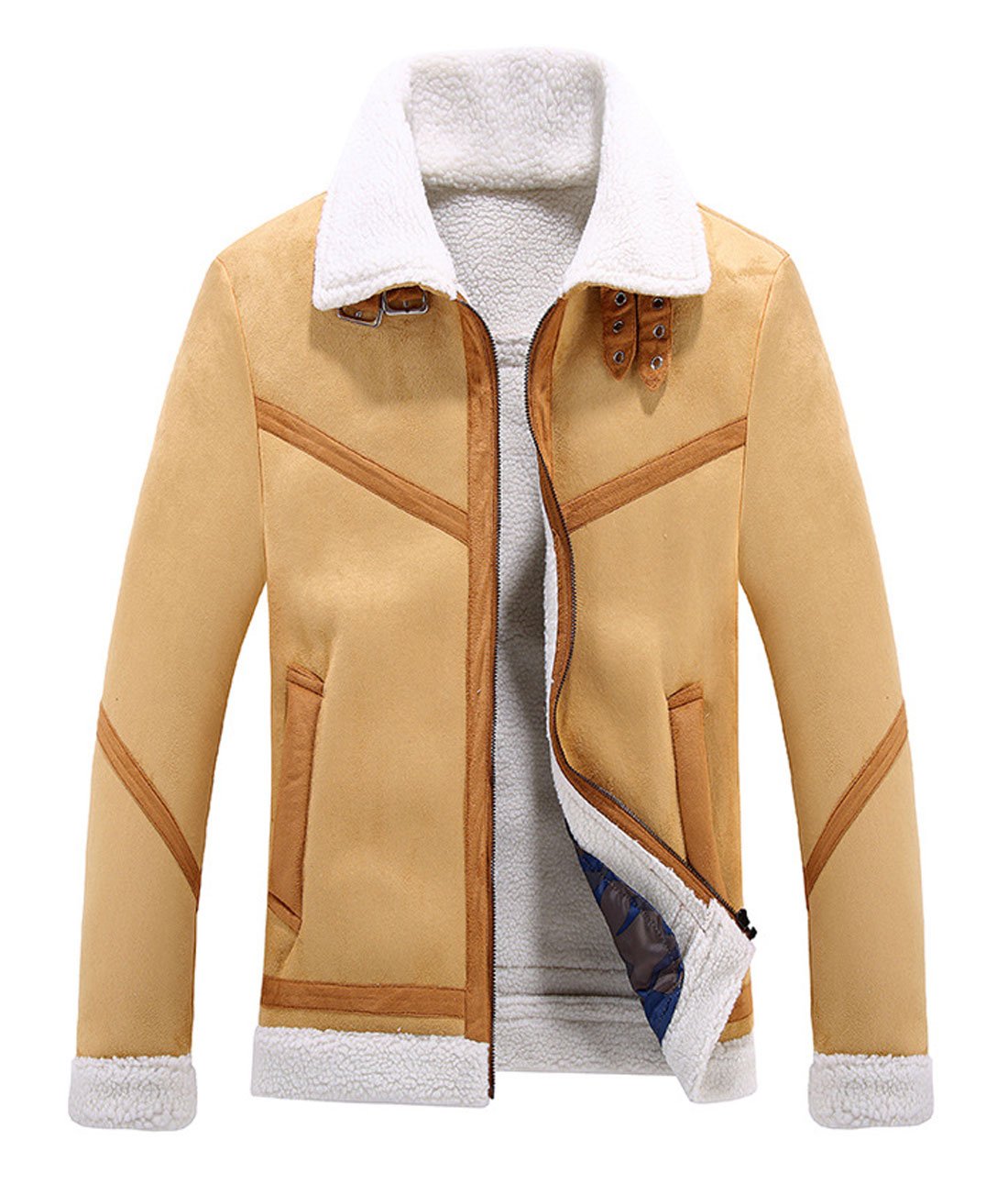 ChartouMen's Winter Spread Collar Sherpa Lined Suede Leather Trucker Jacket Coats