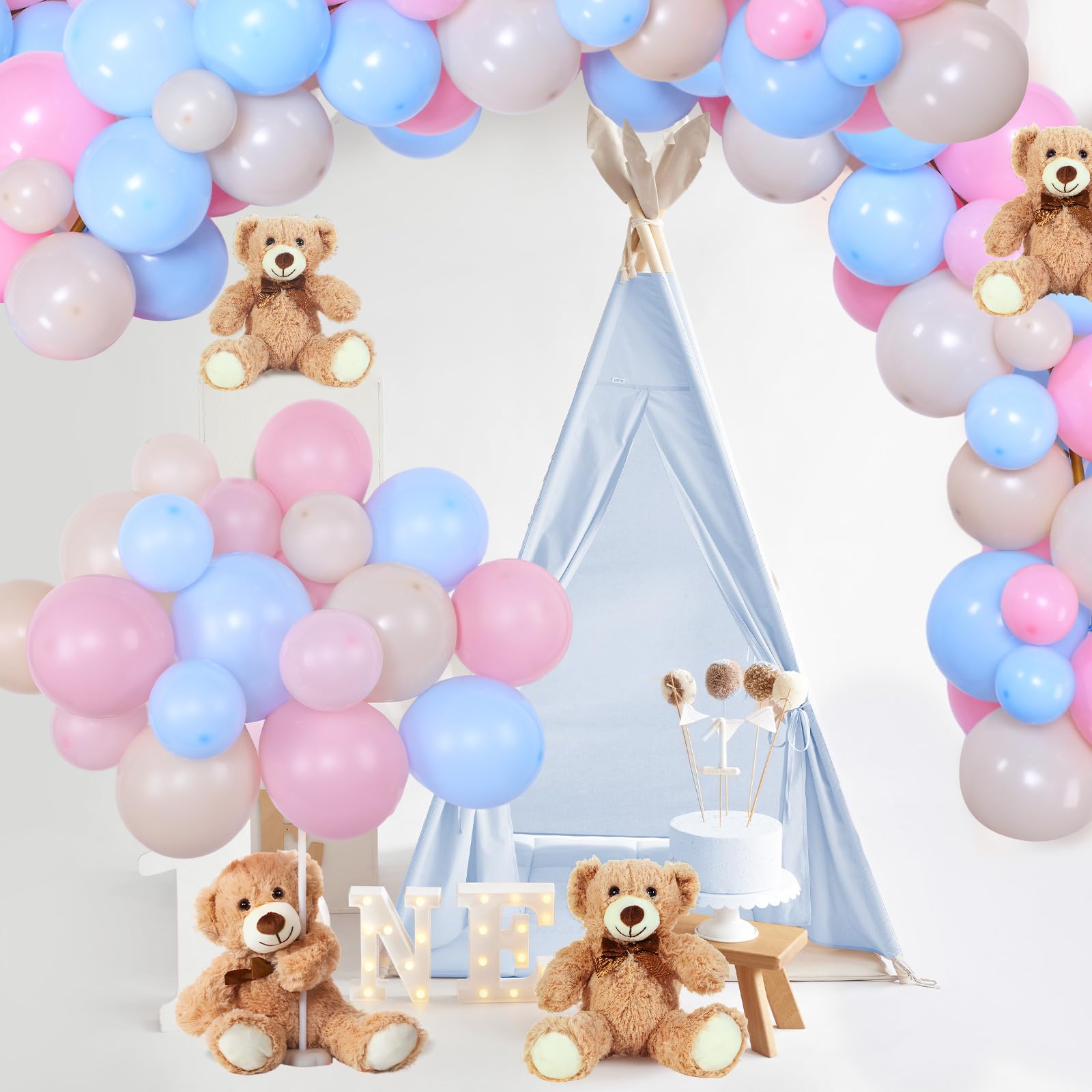 Meooeck 185 Pcs Bear Baby Shower Party Decorations Table Centerpieces 5 Pcs 13. 5'' Gender Reveal Bears 180 Balloons Kit Baby Shower Table Decor for Birthday Wedding(Pink, Blue, Tea White)