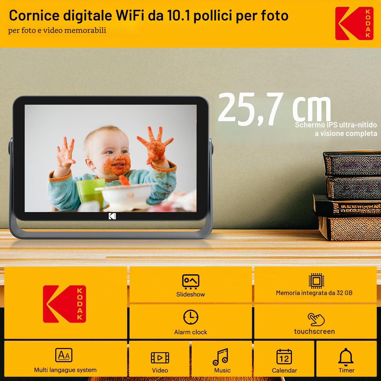 KODAK Cornice digitale Touch elettronica, 10,1 pollici, 1920 x 1200 FHD, con memoria da 32 GB, batteria agli ioni di litio da 4000 mAh