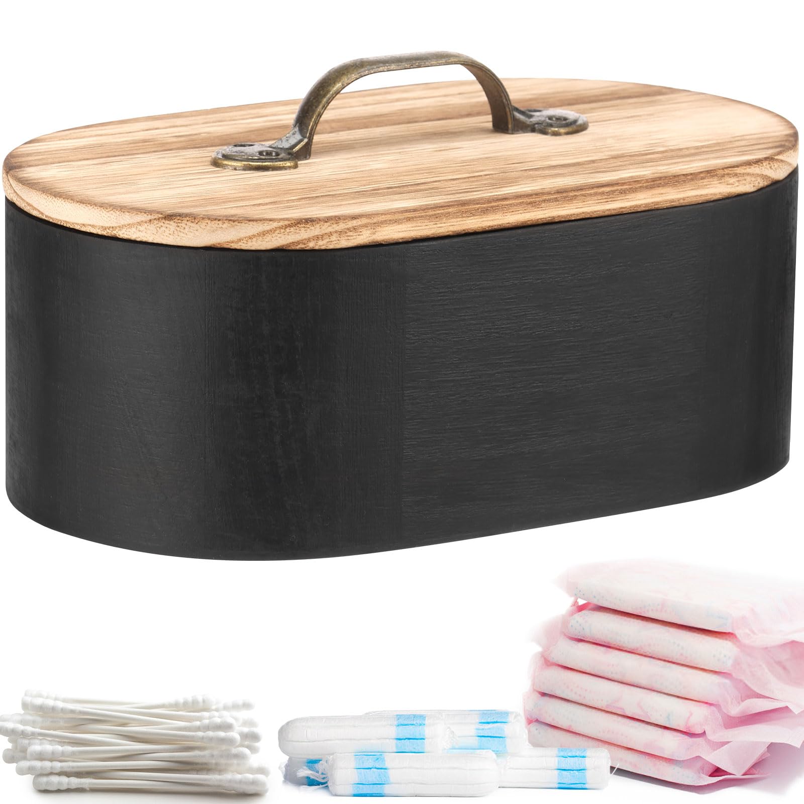 Zhjiutak Women's Black Tampon Holder For Bathroom, Wood Tampon Storage With Lid Pad Organizer Feminine Products Caddy Period Organizer For (Black)
