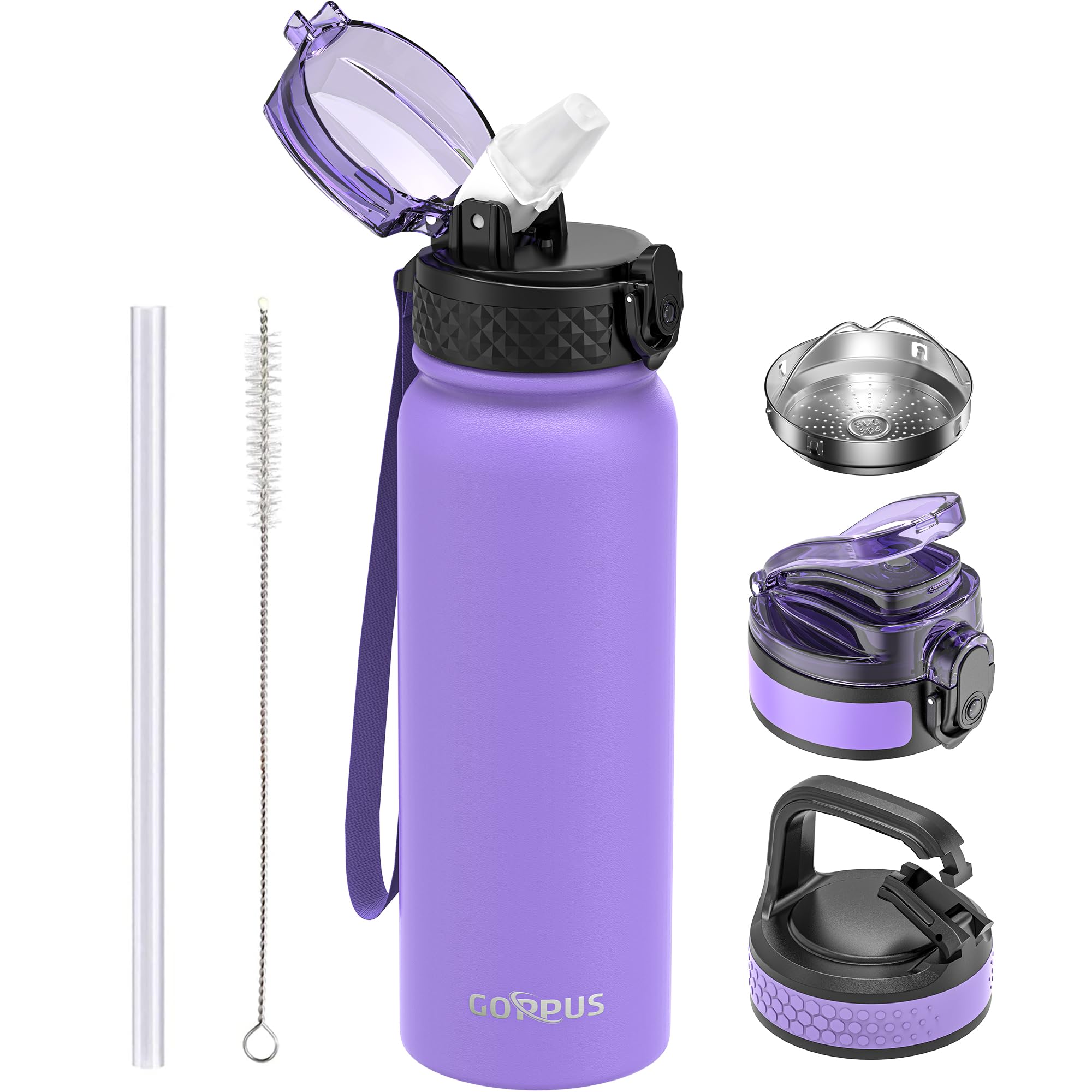 GOPPUS 600ml/20oz Stainless Water Bottle with Straw Double Wall Insulated Bottles with Strap One Hand Open Vacuum Thermal Flask Leakproof Keep Cold Bottles with Flip Top Lid BPA Free (Purple) — image 1