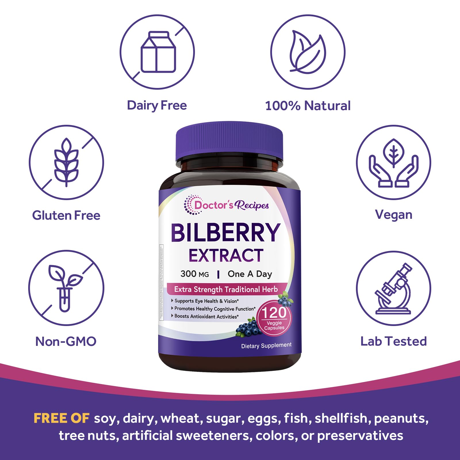 Doctor's Recipes Bilberry Extract, 300mg, Botanical Antioxidant, Vision & Eye Health, Extra Strength, Vegan, 120 Capsules, Non-GMO — Amazon image 5