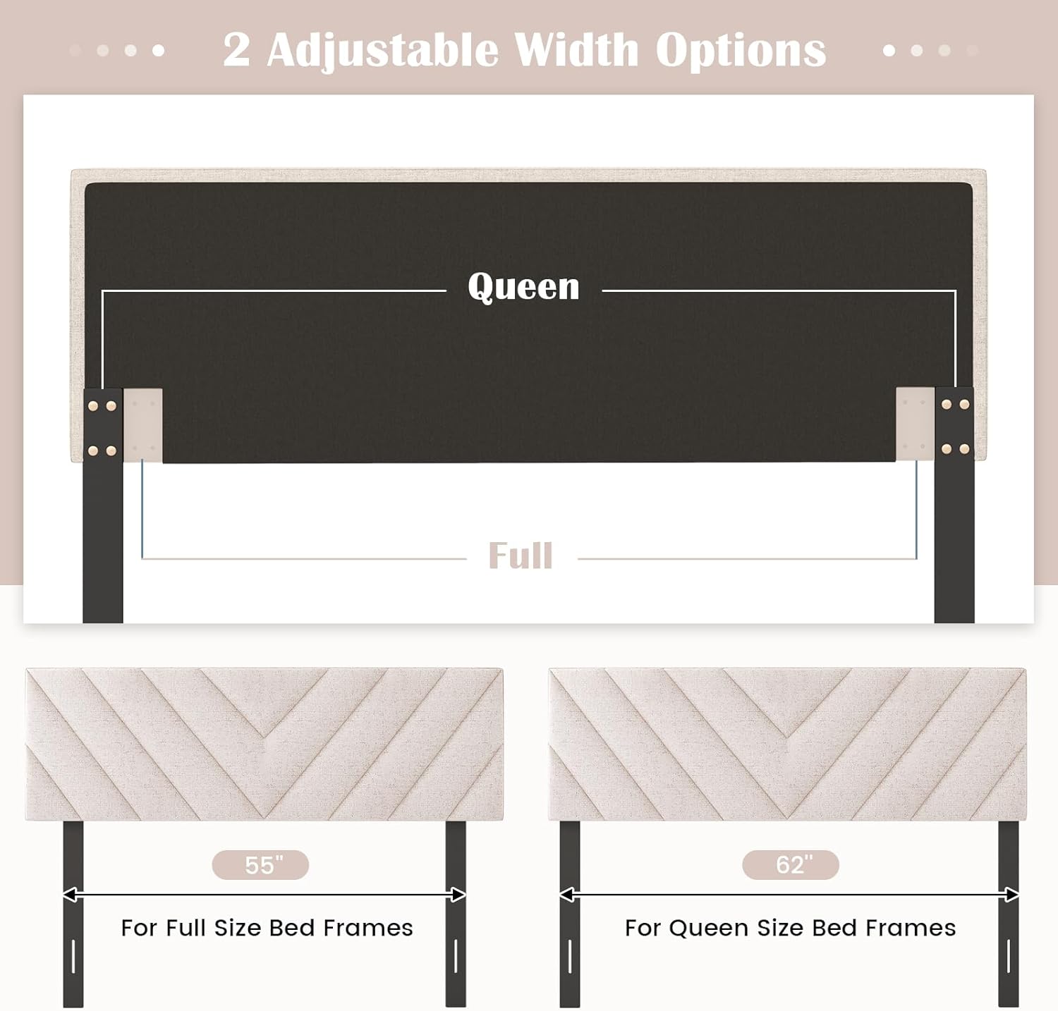 KOMFOTT Linen Fabric Upholstered Headboard for Full/Queen Size Bed, Rectangular Headboard with Solid Wood Legs & Adjustable Width, Padded Full/Queen Bed Headboard, Easy Assembly, Beige