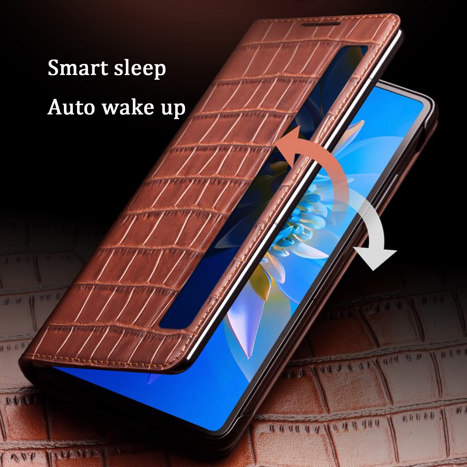 Etui kompatybilne z Huawei Mate X2, prawdziwa skóra pokrowiec z klapką przezroczysty widok okno podpórka inteligentny sen/budzenie magnetyczne zamknięcie, skórzane etui do Huawei Mate X2, czarne