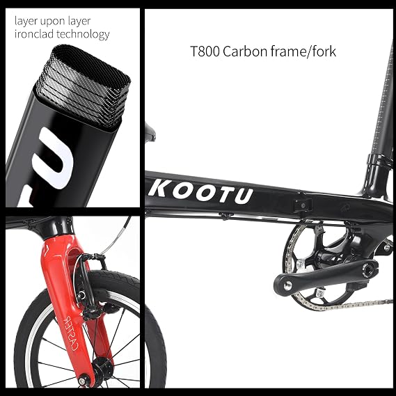 KOOTU Carbon Fiber Folding Bicycle 14-inch Wheel Student Bike One-Touch Folding Bike 6.7 Kg Mini Single-Speed Bike with Bell