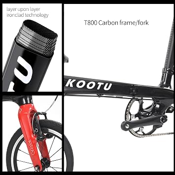 KOOTU Carbon Fiber Folding Bicycle 14-inch Wheel Student Bike One-Touch Folding Bike 6.7 Kg Mini Single-Speed Bike with Bell