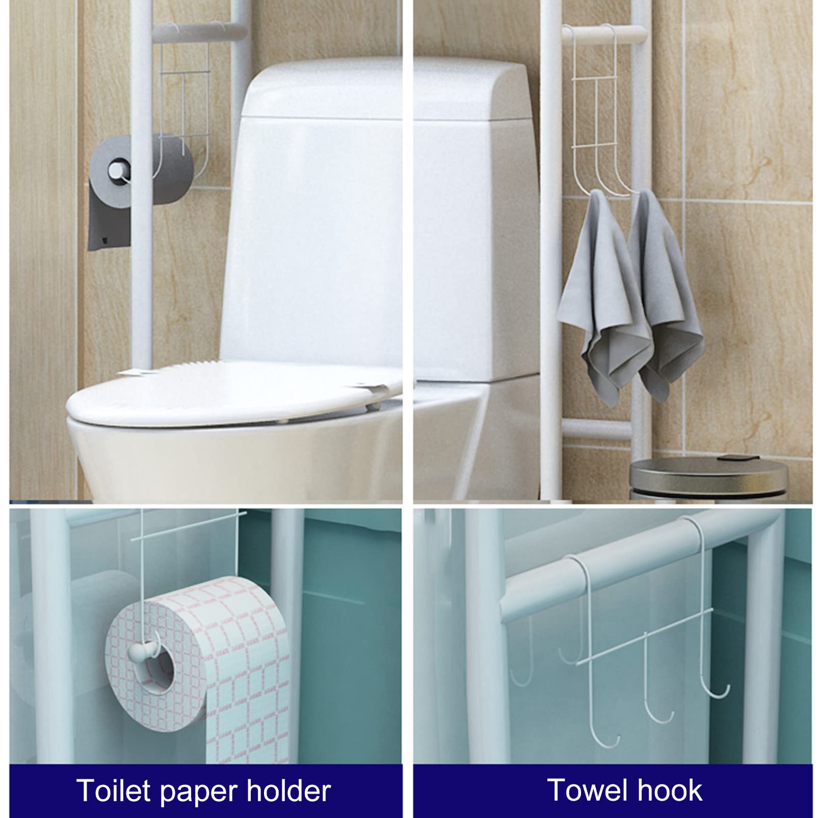 Scaffale salvaspazio sopra il WC a 3 livelli, mensole da bagno sopra il WC con gancio per asciugamani e porta carta igienica, supporto angolare autoportante per bagno, bagno, lavanderia, balcone