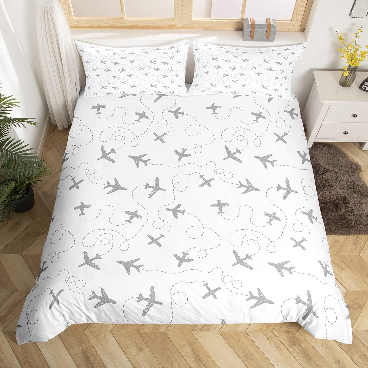 Housse de couette avion gris et blanc pour lit 1 place dans la chambre de votre enfant
