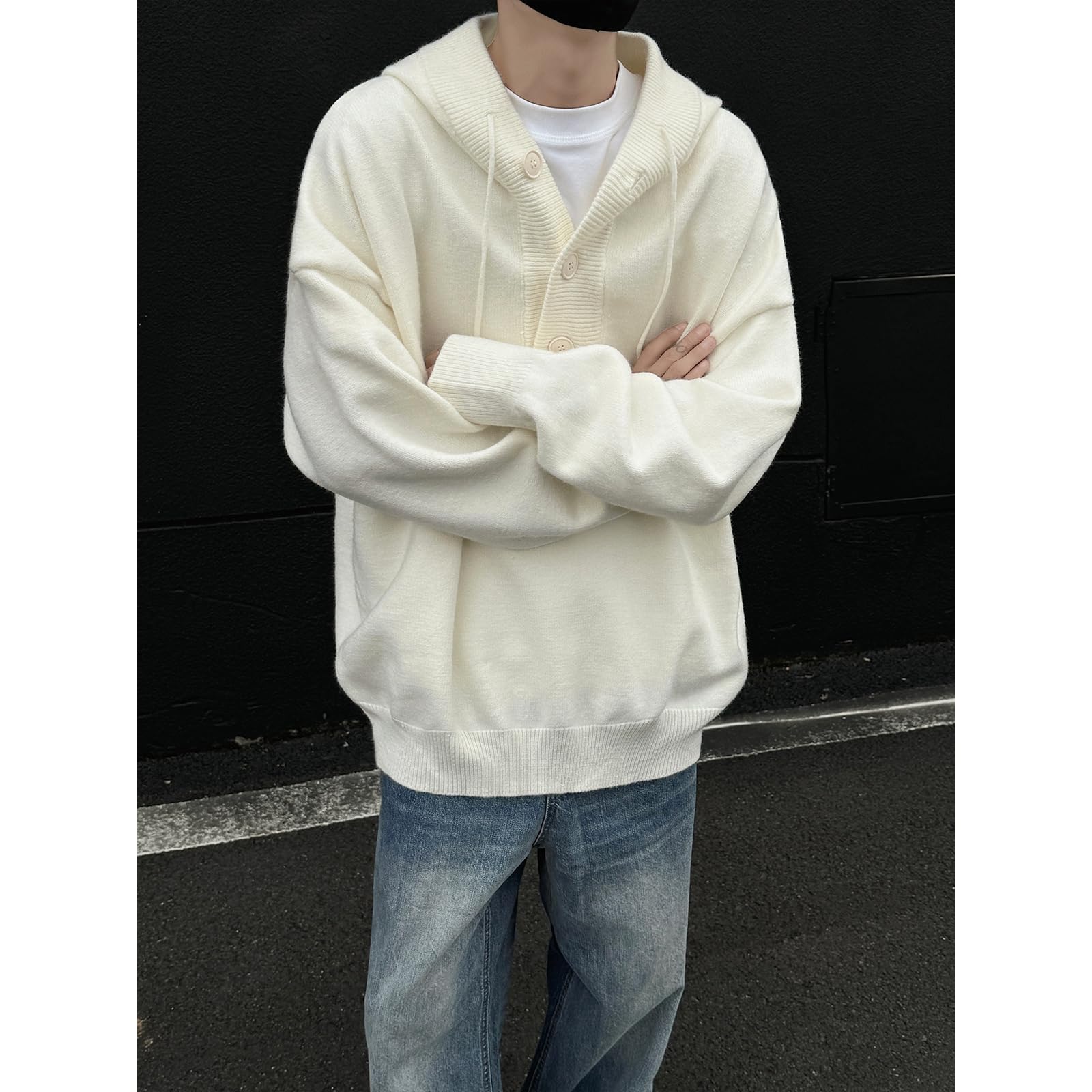 GURUNVANI Męska bluza z kapturem Henley, luźny krój, dzianinowy sweter raglanowy