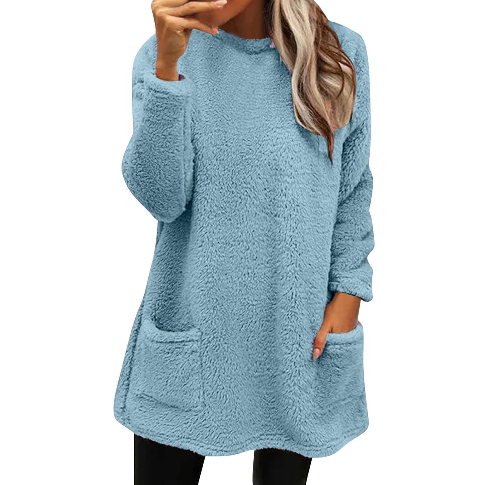 Cozy Sweater for Women Round Neck Long Pullover for Anxiety Comfort Fleece Pajamas Tops Loungewear with Pockets
