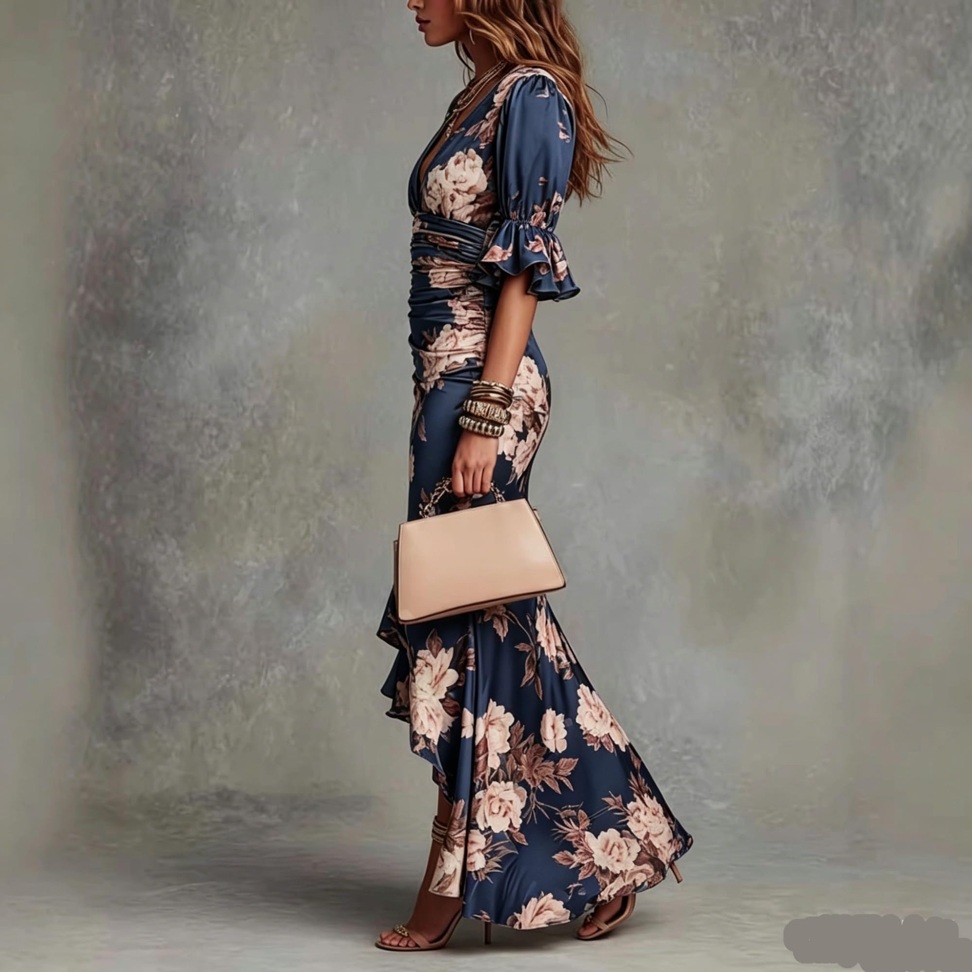 Abito Lungo Maxi Donna Floreale Raso e Chiffon, V con Volanti Vita arricciata per ospite Matrimonio Cocktail e Serata
