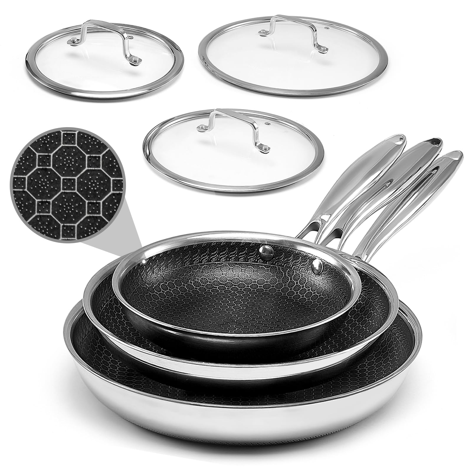 Nonstick Frying Pans with Lid 8 10 12 inch Stainless Steel Skillet Set with Honeycomb Surface Induction Compatible