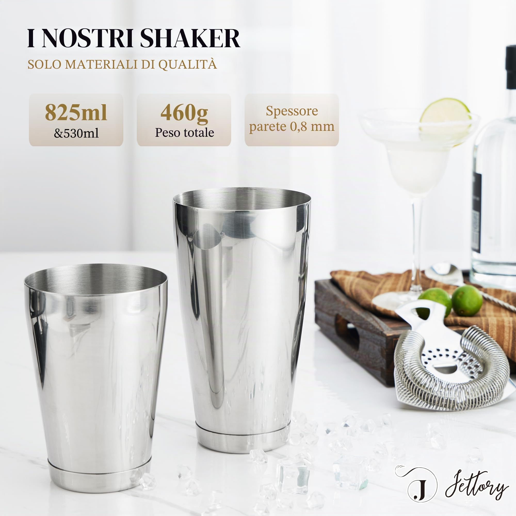 Boston Shaker Set da 10 Pezzi in Acciaio Inox Con Base Acrilica - Colino, Pinza per Ghiaccio, Cucchiaio, Misurino, Pestello - Perfetto per il Bar di Casa (Argento)