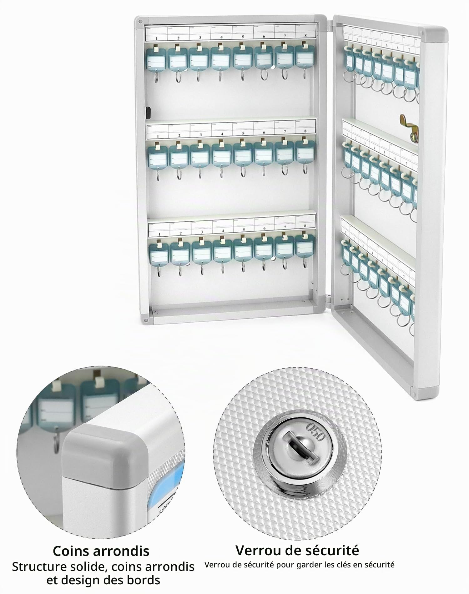 QWORK® Armoire à clés, boîte à clés avec 48 Crochets, Gris Clair, 264 * 60 * 435mm