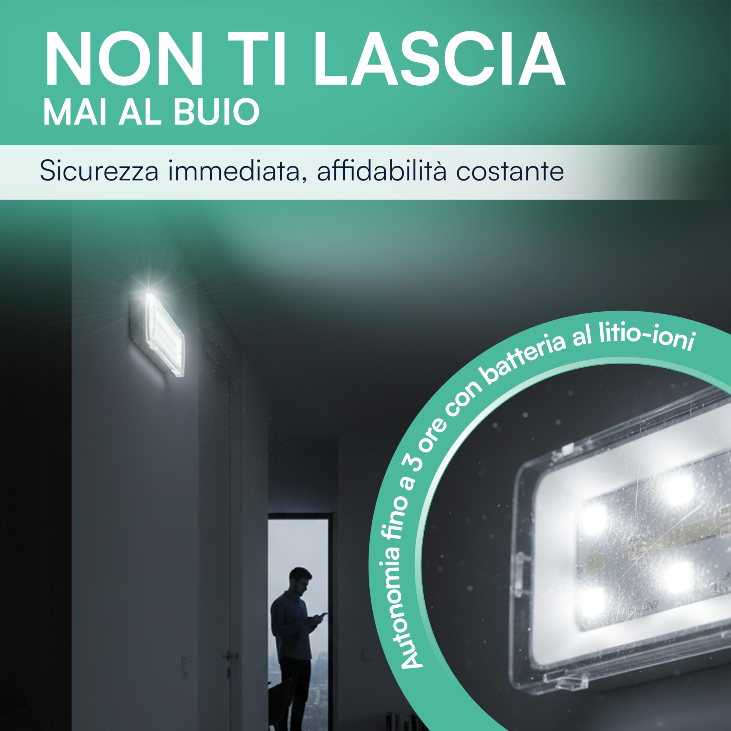 tempo di saldi Lampada Emergenza 4W con 50 LED, Misura 27 x 9,8 x 5,5 cm 3 Ore di Autonomia, Lampada Emergenza da Parete per casa, scale, garage, Plafoniera LED da Muro