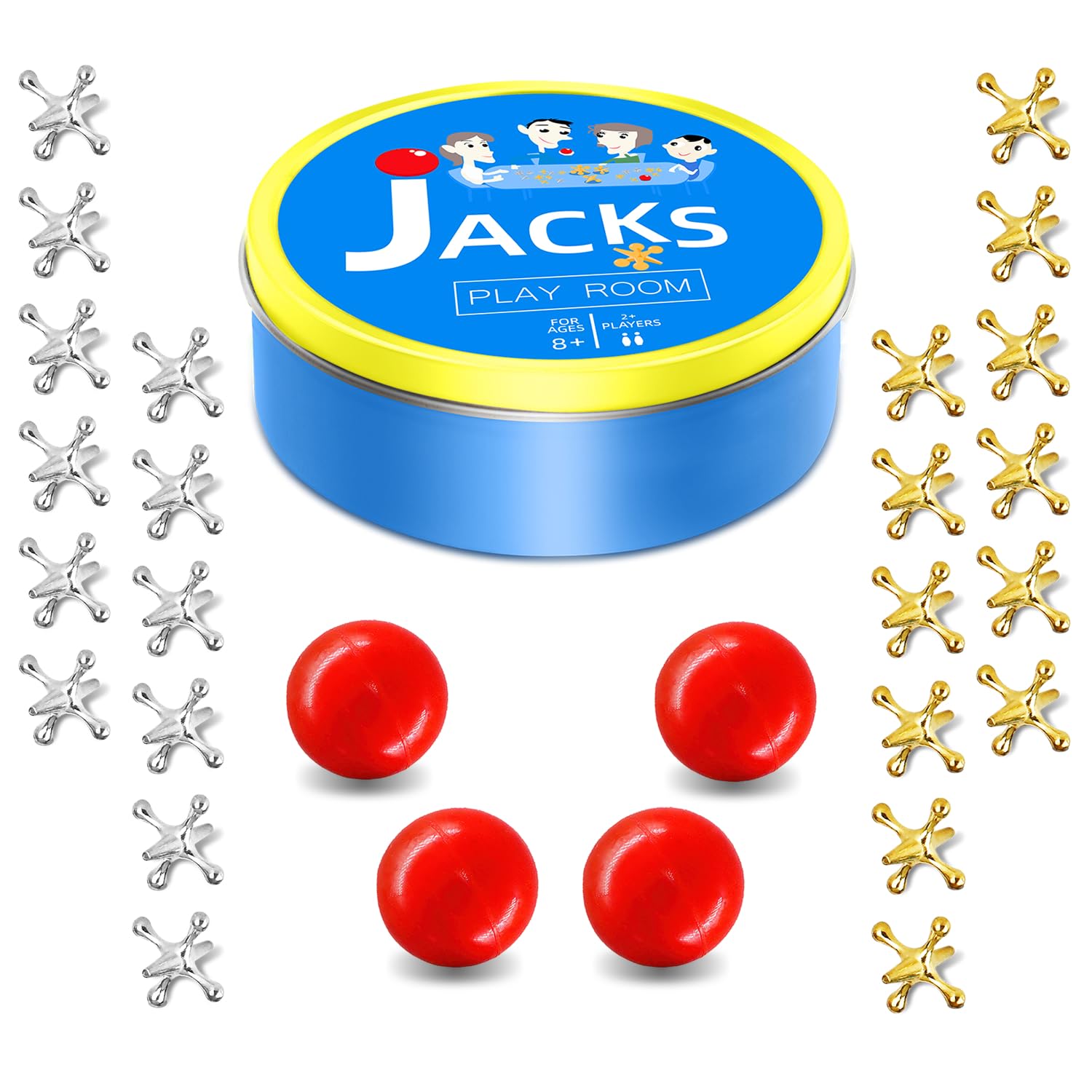 Sisland Metal Jacks Game with Ball Set, Classic Jax Game Toy for Kids Adults, Old School Jackstones Games Set (24 Jacks + 4 Balls)