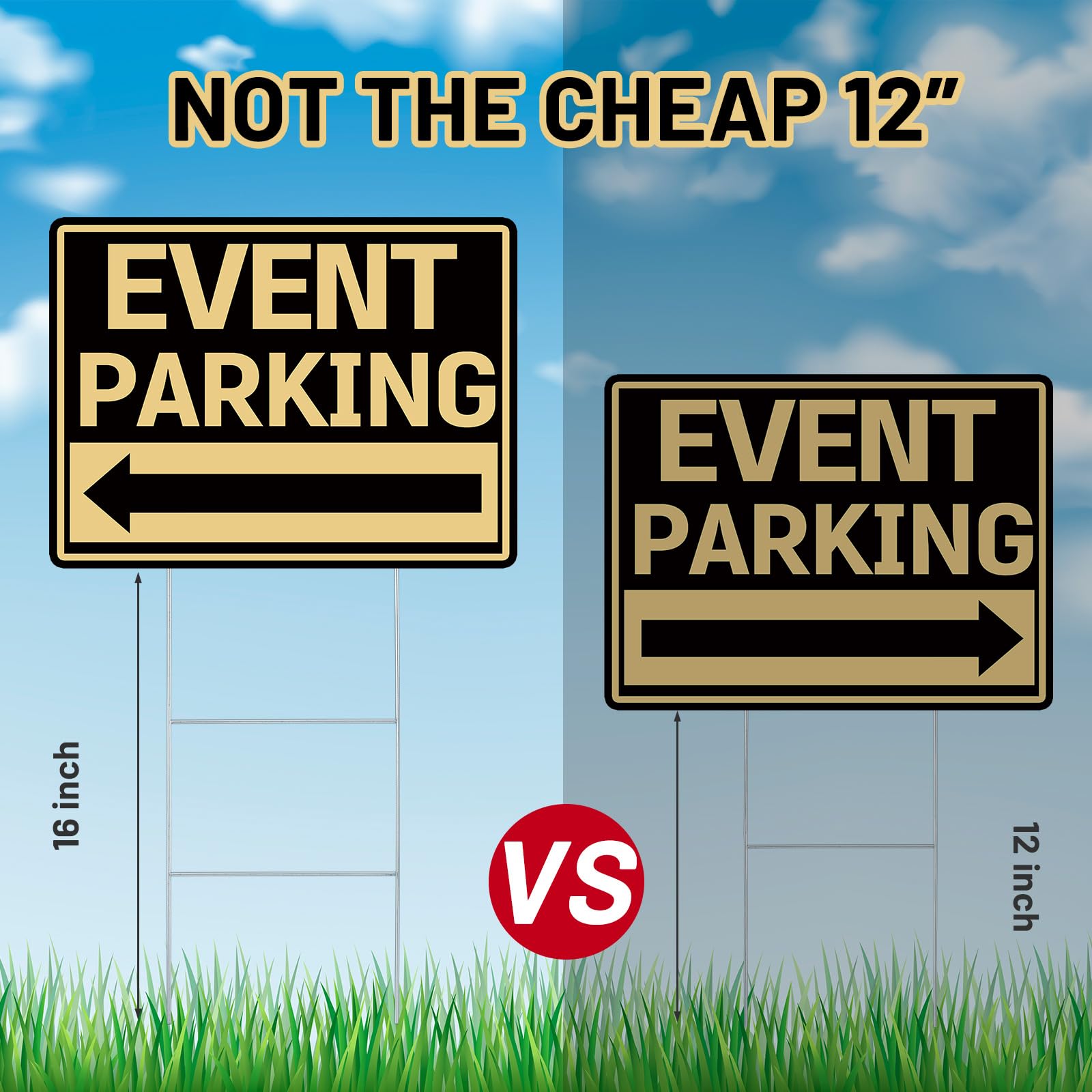 Juexica 9 letreros de estacionamiento para eventos al aire libre de 16 x 12 pulgadas con flecha, de plástico corrugado, letreros de doble cara para eventos al aire libre (negro y dorado)