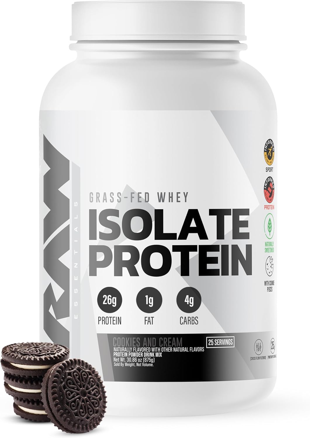 RAW Whey Isolate Protein Powder, Cookies N Cream - 100% Grass-Fed Sports Nutrition Protein Powder for Muscle Growth & Recovery - Low-Fat, Low Carb, Naturally Flavored & Sweetened - 25 Servings