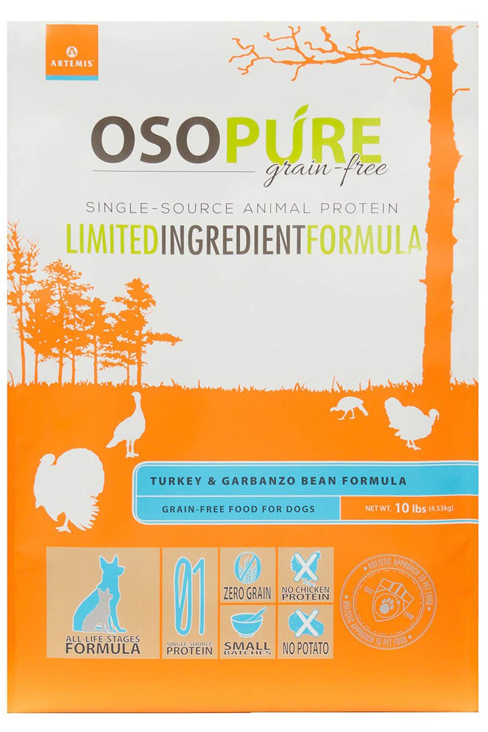 ARTEMIS Grain Free Dry Dog Food - OSOPURE Limited Ingredient Diet Turkey Garbanzo Bean Formula Protein Health Nutrition All Life Stages 10lb Bag