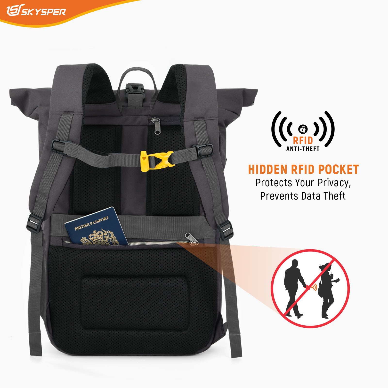 SKYSPER Sac à Dos Homme Extensible Sacs a dos Rolltop pour Voyage Vélo Travail College pour Adolescents Hommes Femmes