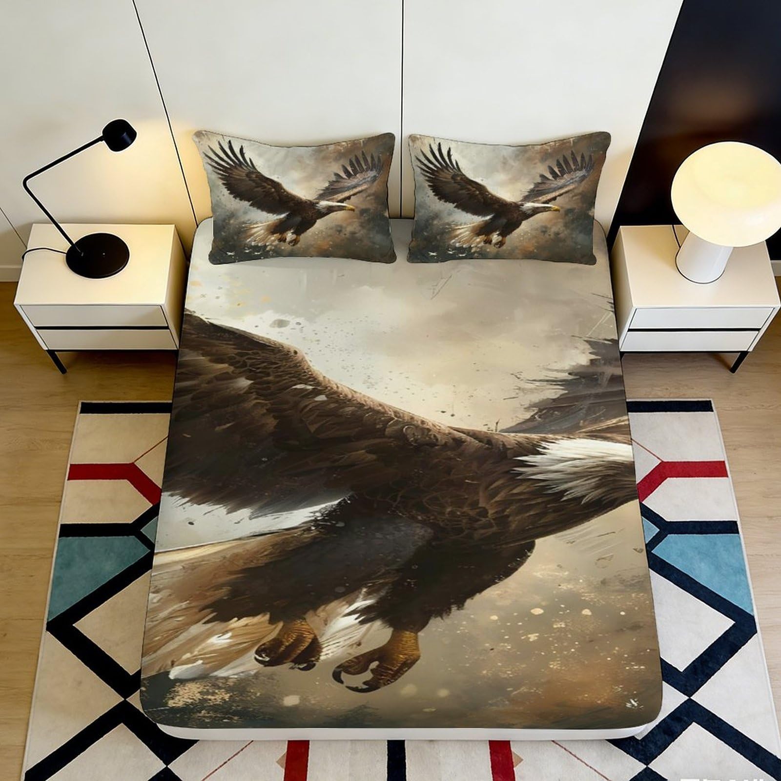 3D Printed Majestic Eagle Fitted Sheet Microfiber Anti-Slip Wild Bird Mattress Cover for Bedroom Home Decor 90x200x25cm