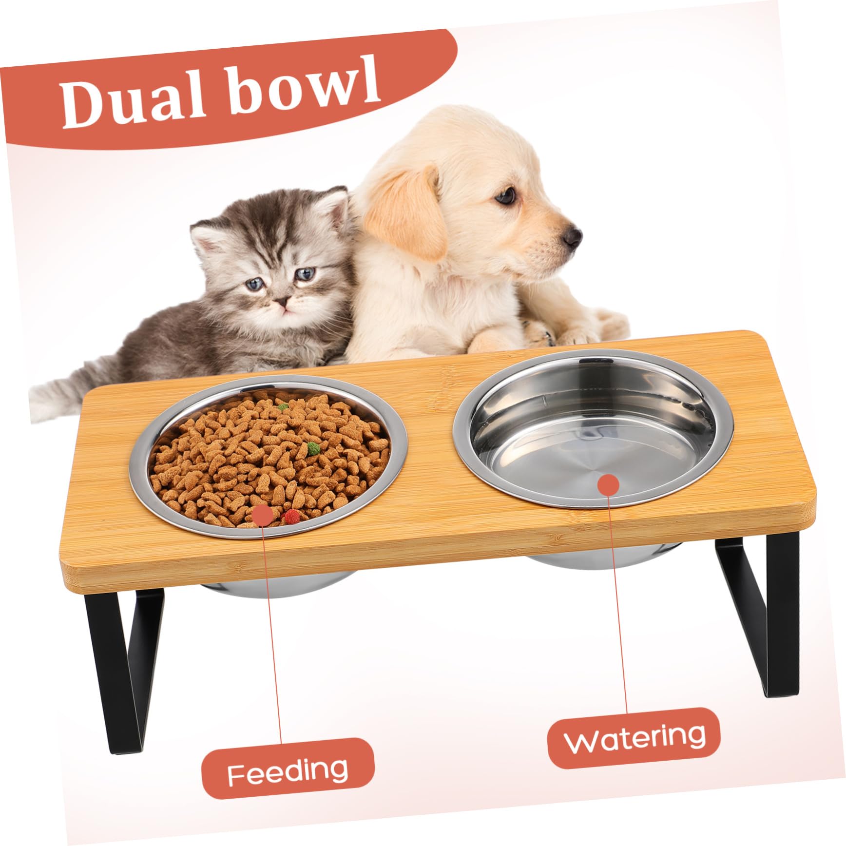 Ciotole Gatto Rialzate con Supporto, Doppie, Acciaio Inox | Gatti e Cani Piccoli, Uso Interno, Base Antiscivolo in Legno, Design Elegante
