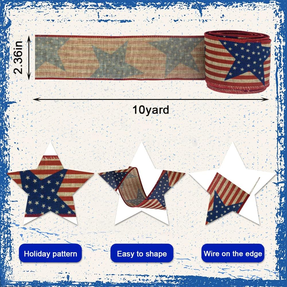 Hying 4th of July Ribbon Patriotic Wired Ribbon for Crafts Gift Wrapping Wreath Bows Stars and Stripes Ribbons for Independence Day Home Party Decoration, 2.4" X 10 Yards