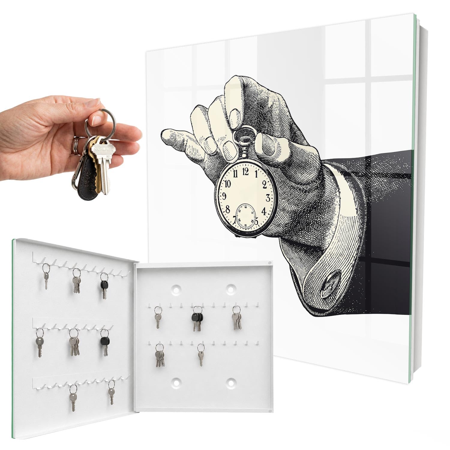 Portachiavi in vetro 30x30 cm Orologio da tasca Porta Sinistra Bianco | Appendiabiti | Bacheca | Vetrinetta | Nicchia | Casellario | Armadio | Gancio | Quadro | Mobiletto | Contenitore | Supporto
