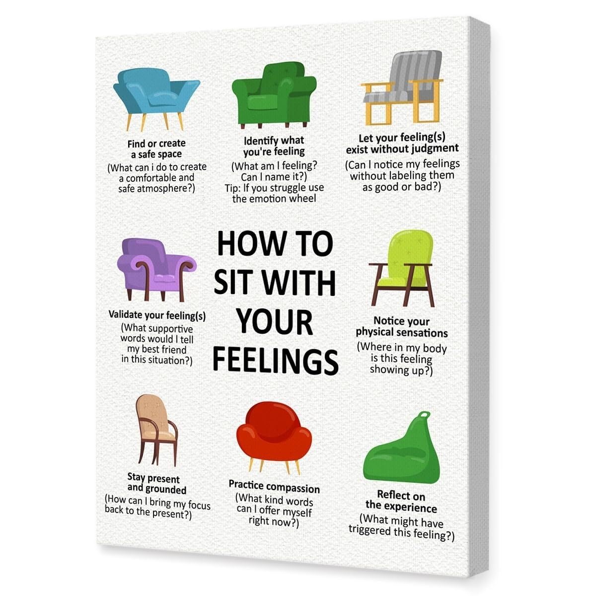 Therapist Office Wall-Art - Sit with Your Feelings Mental Health Poster for Calming Corner, Counseling Office Decor, Mindfulness Art(Framed,12x18inch(30x45cm))