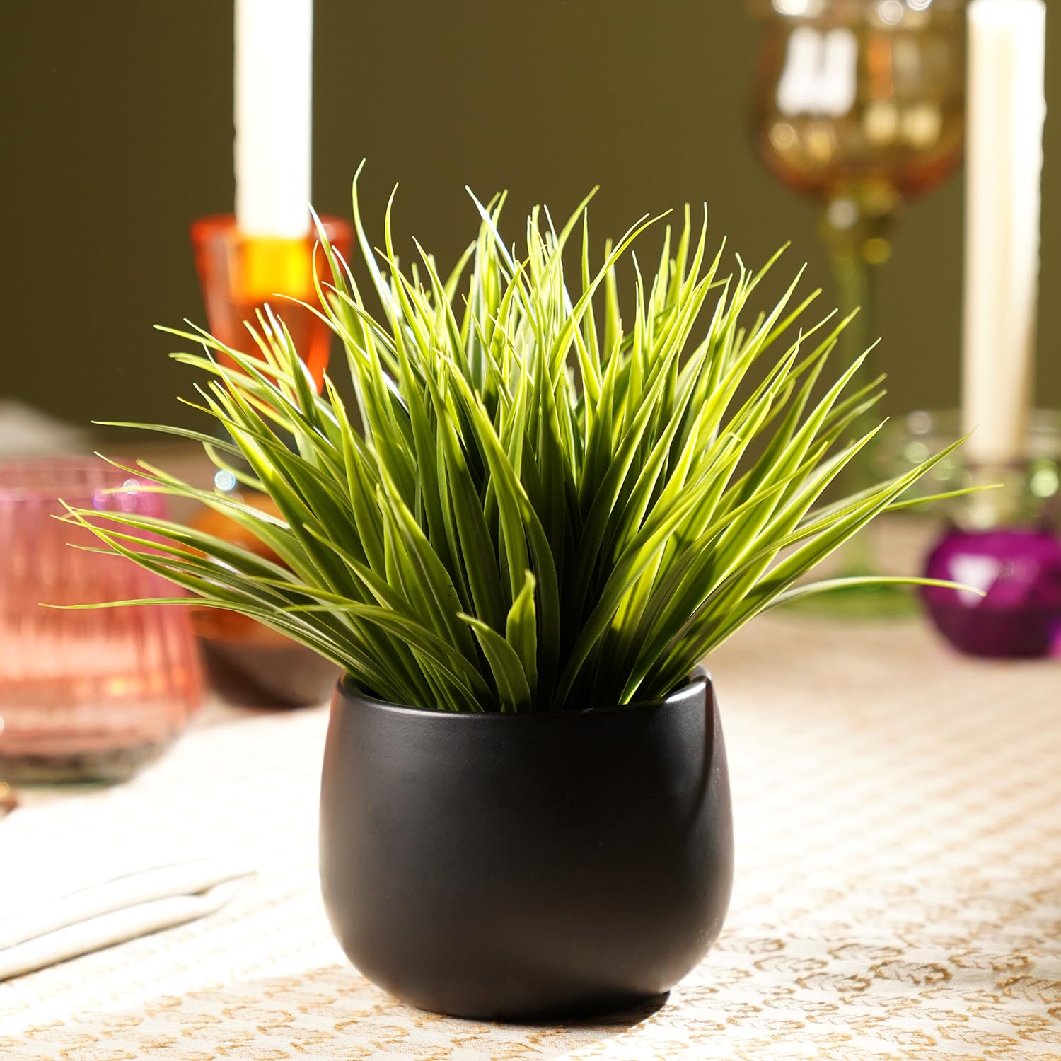 Pure Home Green Artificial Grass in Ceramic Pot | Size: 16.51X16.51X21 cm | Premium Potted Plants for Home Styling | Console & Living Room Plant Decor | Ideal for Housewarming Gifts | Premium | Pack of 1