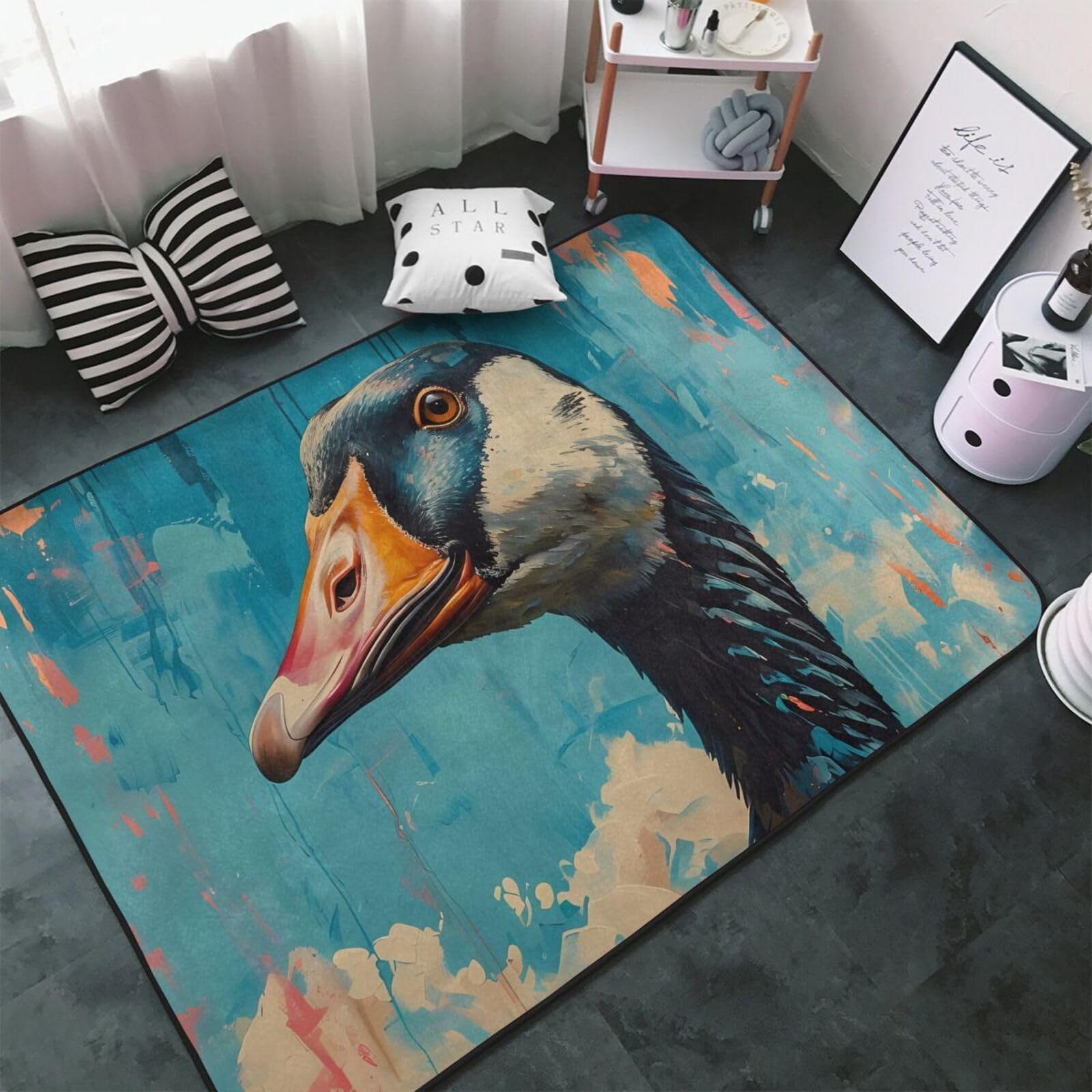 Tapis bleu canard aquarelle pour salon, chambre à coucher – Tapis lavable doux 91 x 152 cm antidérapant – Tapis d'intérieur décoratif esthétique pour chambre à coucher – 152,4 x 99,1 cm