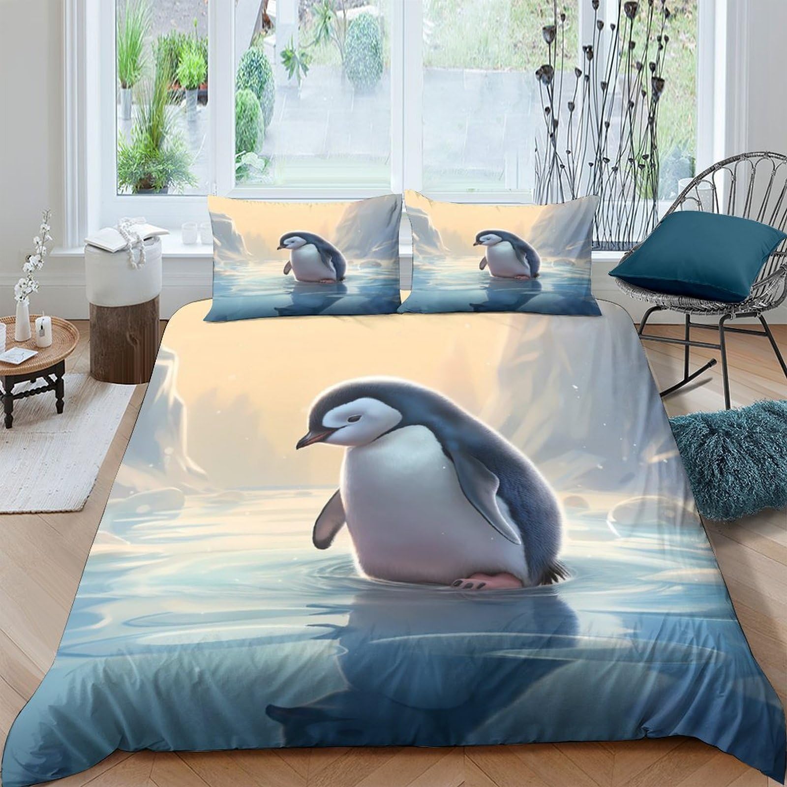 GPLZQXKJNH 3D Printed Penguin Arctic Duvet Cover Set Microfiber Soft Breathable with 2 Pillowcases for Bedroom Decor, Single（135x200cm）