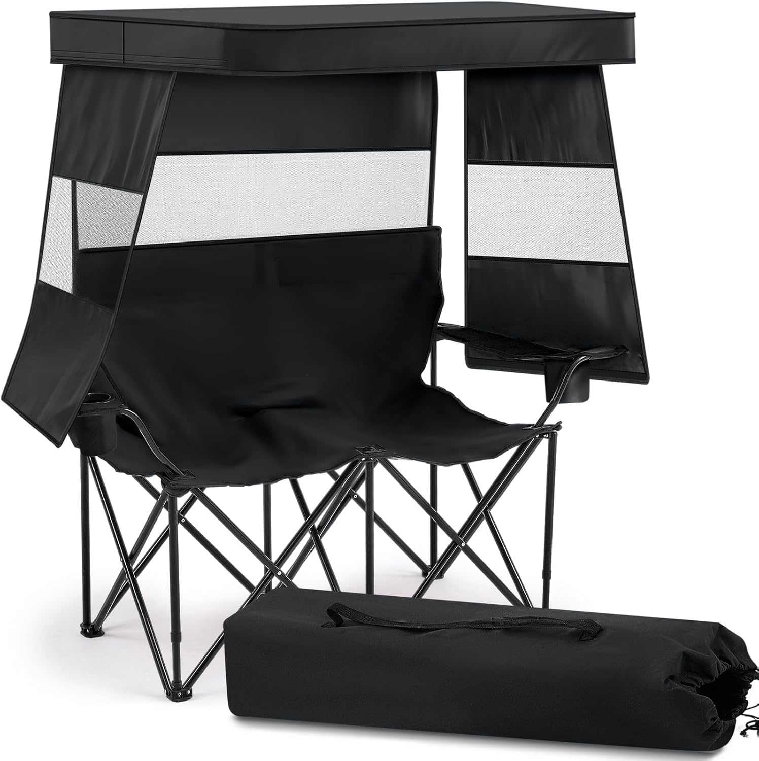 Juexica Double Beach Chair with Shade Canopy, 2 Person Camping Chair with Cup Holder Carrying Bag Folding Loveseat Extra Wide Camp Chairs for Outdoor Lawn Garden Patio Picnic Sports Fishing(Black)
