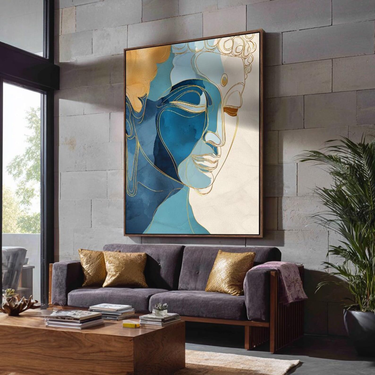 Portrait Buddhism Painting, Large Size Buddha ArtWork, Canvas Print For Yoga, Spiritual Room Decor, Horizontal Bed Decor(50x70cm/Inner Frame)