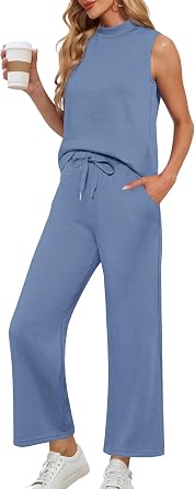 Lepunuo Two Piece Sets for Women Summer Mock Neck Sleeveless Top Crop Wide Leg Pants Lounge Sets Vacation Travel Outfits