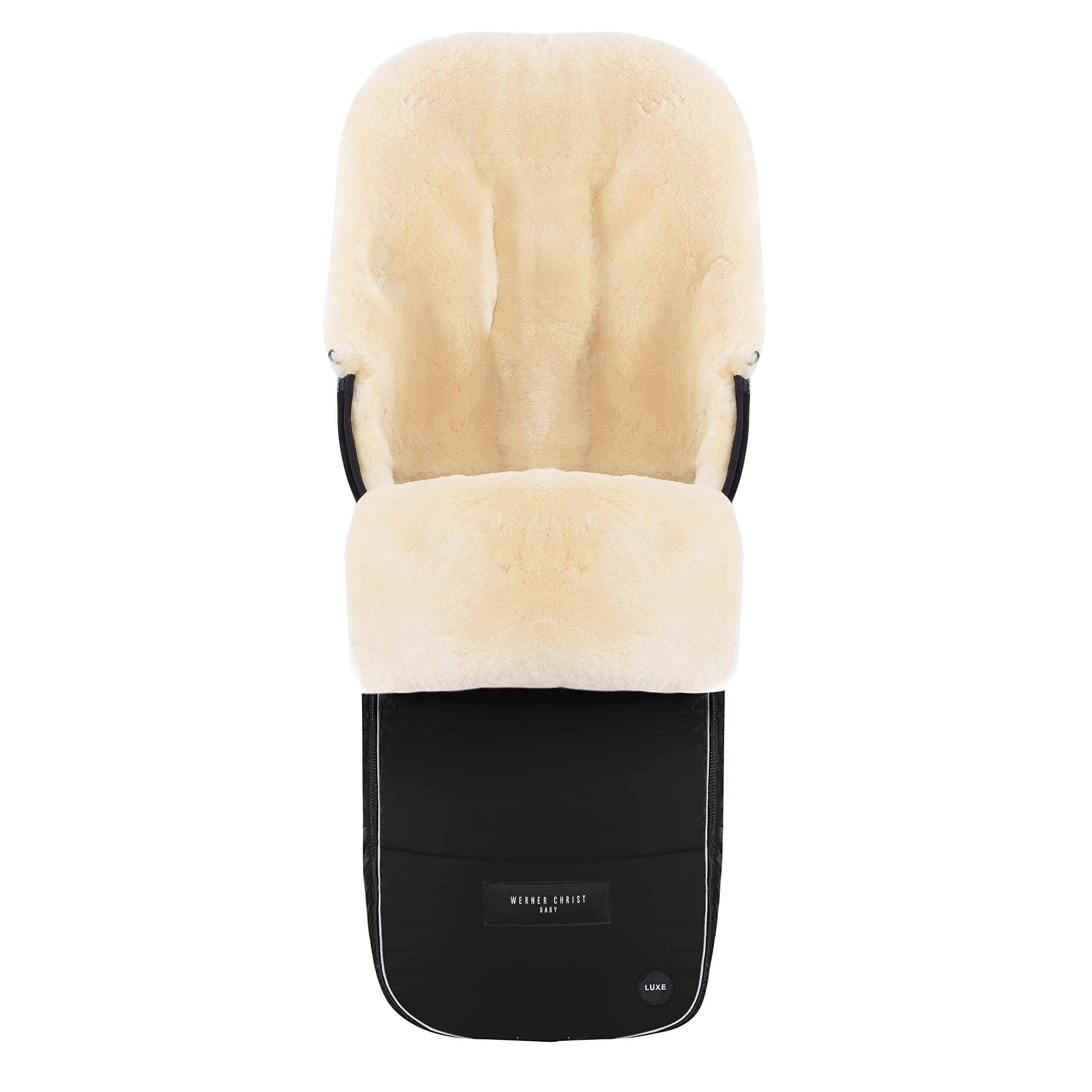 WERNER CHRIST Saco de bebé de piel de cordero FLIMS LUXE – Saco para cochecito de bebé de piel de oveja completa (de 6 a 36 meses) – Piel médica universal con ranuras largas en negro (negro)