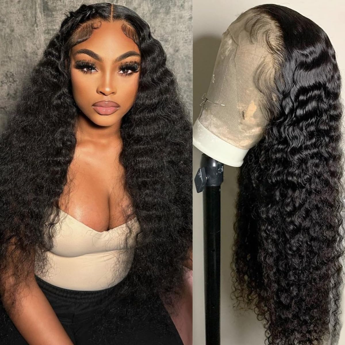 LICHANG Deep Wave 4x4 Transparent Lace Front Wigs Human Hair for Black Women Pre Plucked 180% Density Nature Color 24 Inch