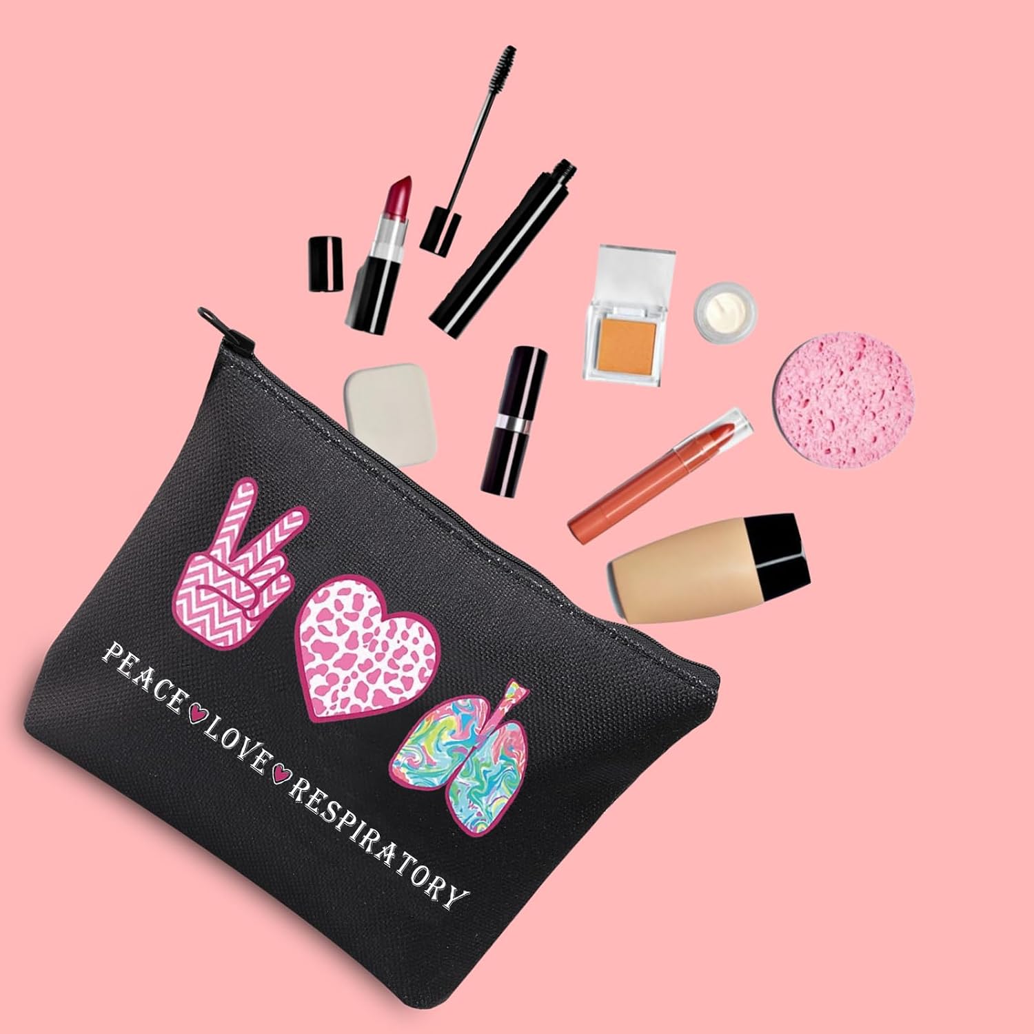 JXGZSO Respiratory Care Week Cosmetic Bag Respiratory Therapist Gift Peace Love Respiratory Makeup Zipper Bag Colorful Lungs Pouch (Peace Love Respiratory Black) image 3