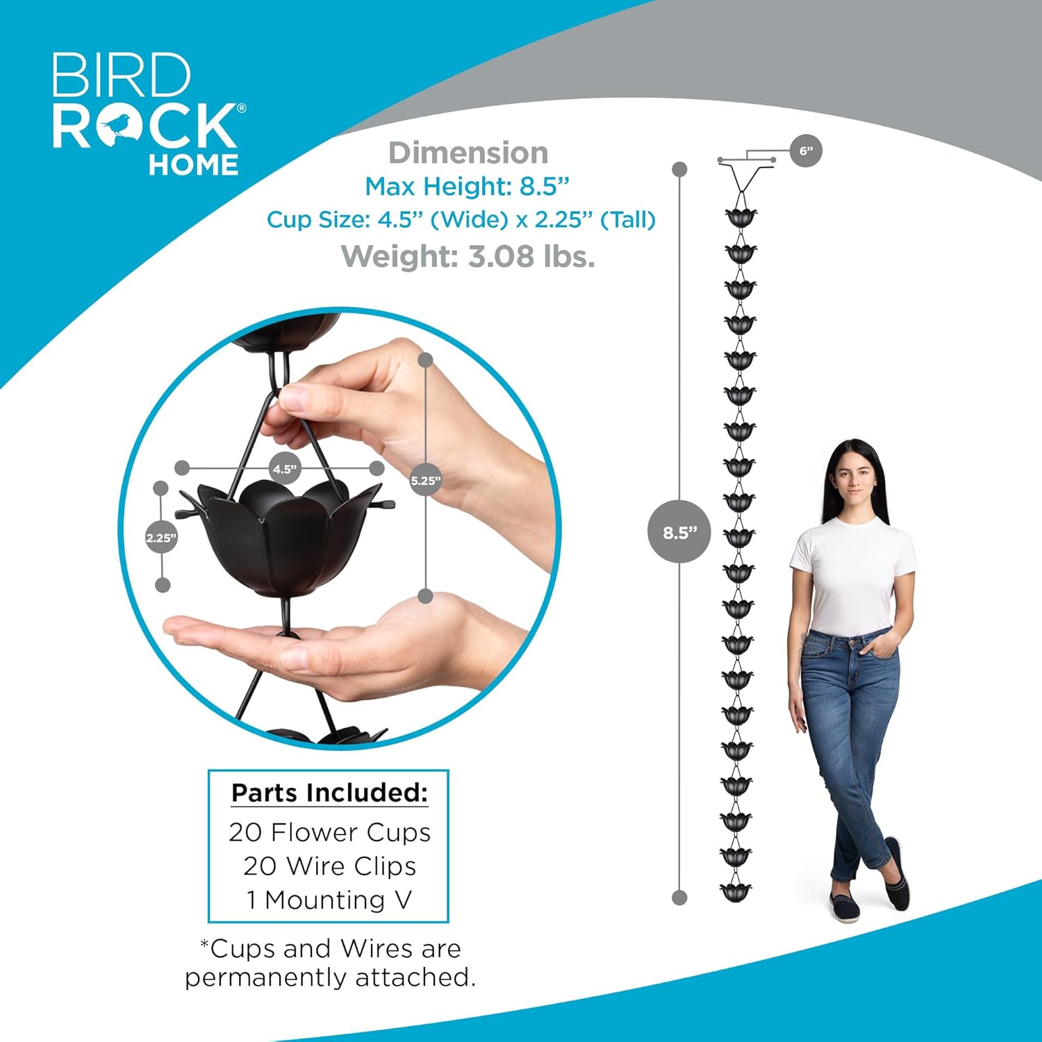 BIRDROCK HOME Rain Chains for Gutters | Heavy Duty Downspout Alternative | Adapter & Catcher | Powder Coated Aluminum | Chimes & Extensions | 8.5 ft - Decorative Copper Flower Design | Matte Black