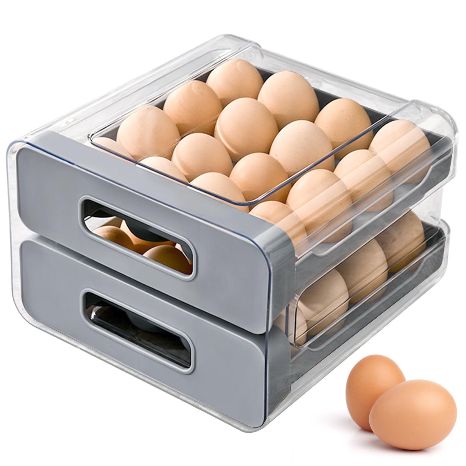 32 Grid Egg Holder for Refrigerator, Plastic Egg Storage Drawer Container, Stackable Transparent Double-Layer Egg Box Egg Basket Organiser for Kitchen