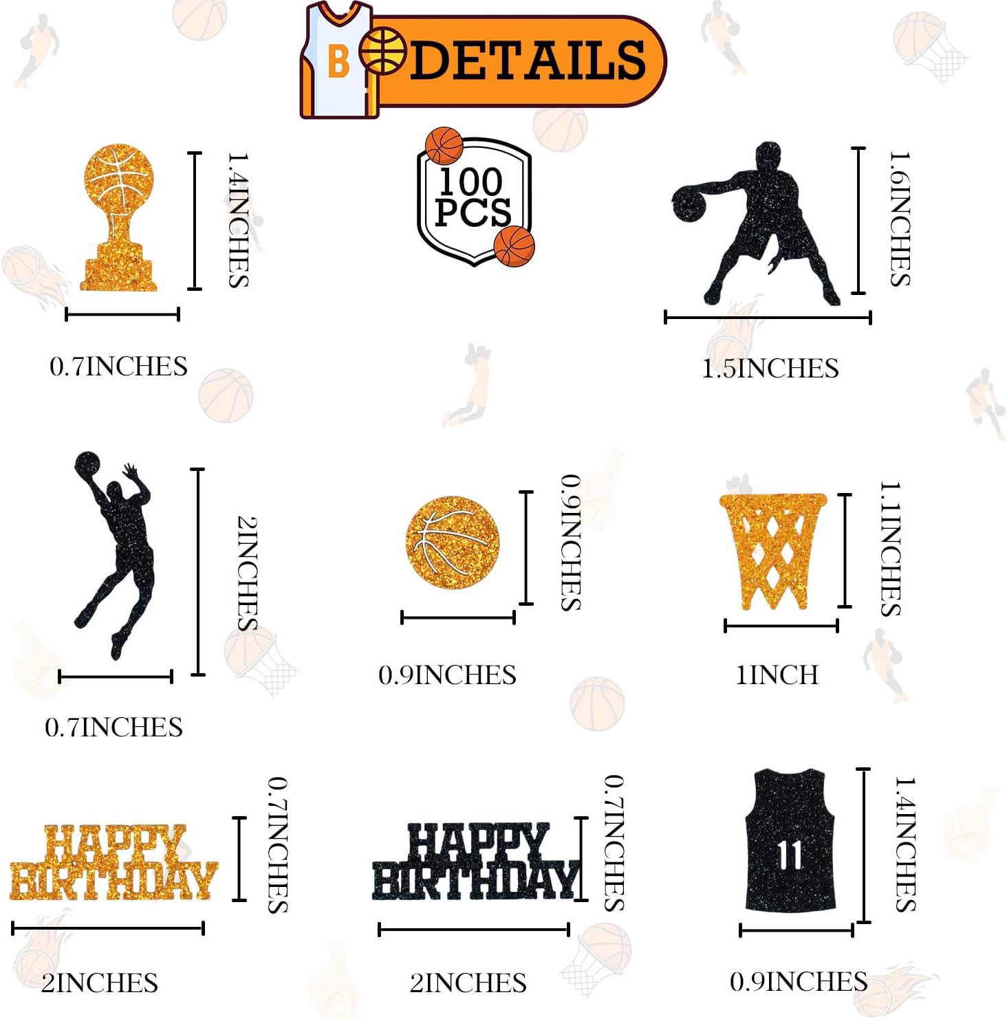 Basketball Birthday Confetti, Glitter Orange Black Basketball Sprinkles