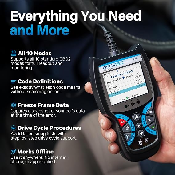 BLCKTEC 440 Bluetooth OBD2 Scanner Diagnostic Tool - Car Code Reader and Scanner for Car -  with Live Data - Battery/Charging System Test - Works for All OBD Compliant Cars 1996 & Newer