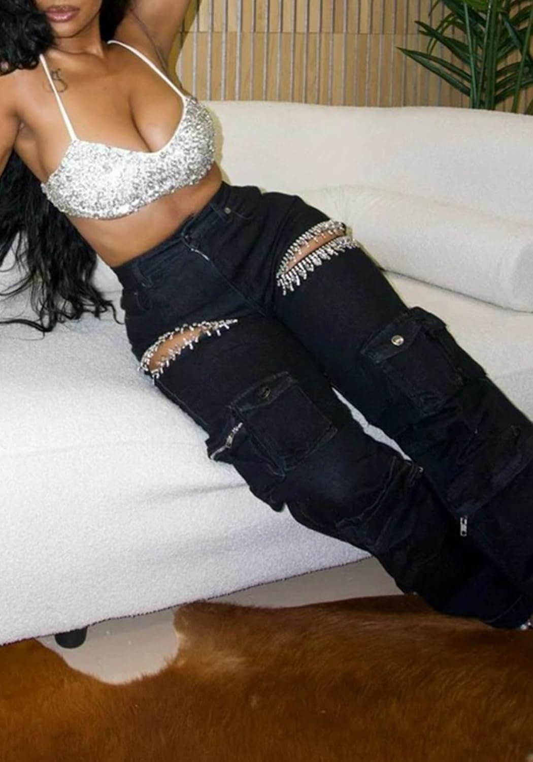 DINGANG Women's High Waisted Cargo Jeans Rhinestones Bling Stretchy Baggy Denim Pants with Flap Pockets - Image 3