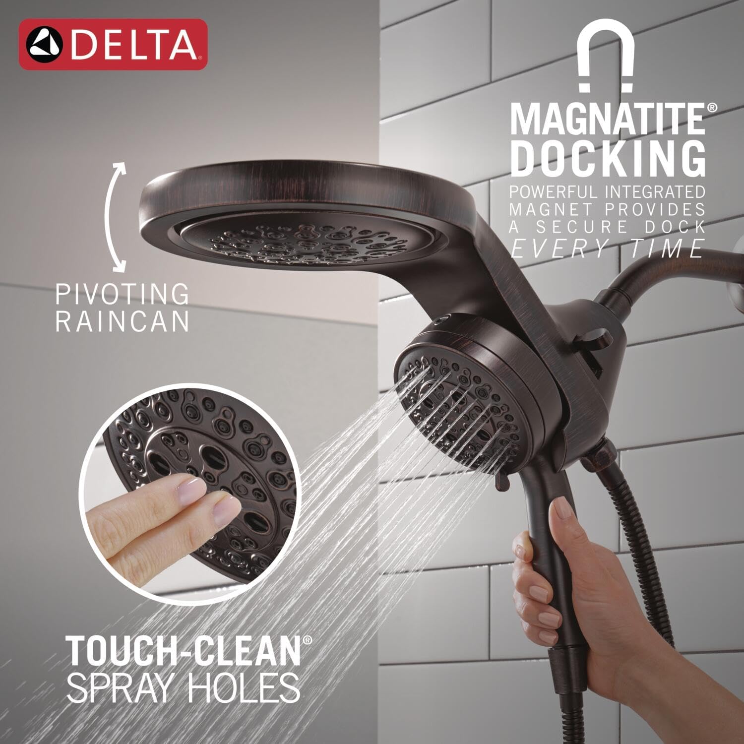 Delta 6-Setting HydroRain Premium 2-in-1 Dual Shower Head with ProClean Spray, Oil Rubbed Bronze High Pressure Shower Head with Handheld Spray, 1.75 GPM Flow Rate, Venetian Bronze 56000-RB25