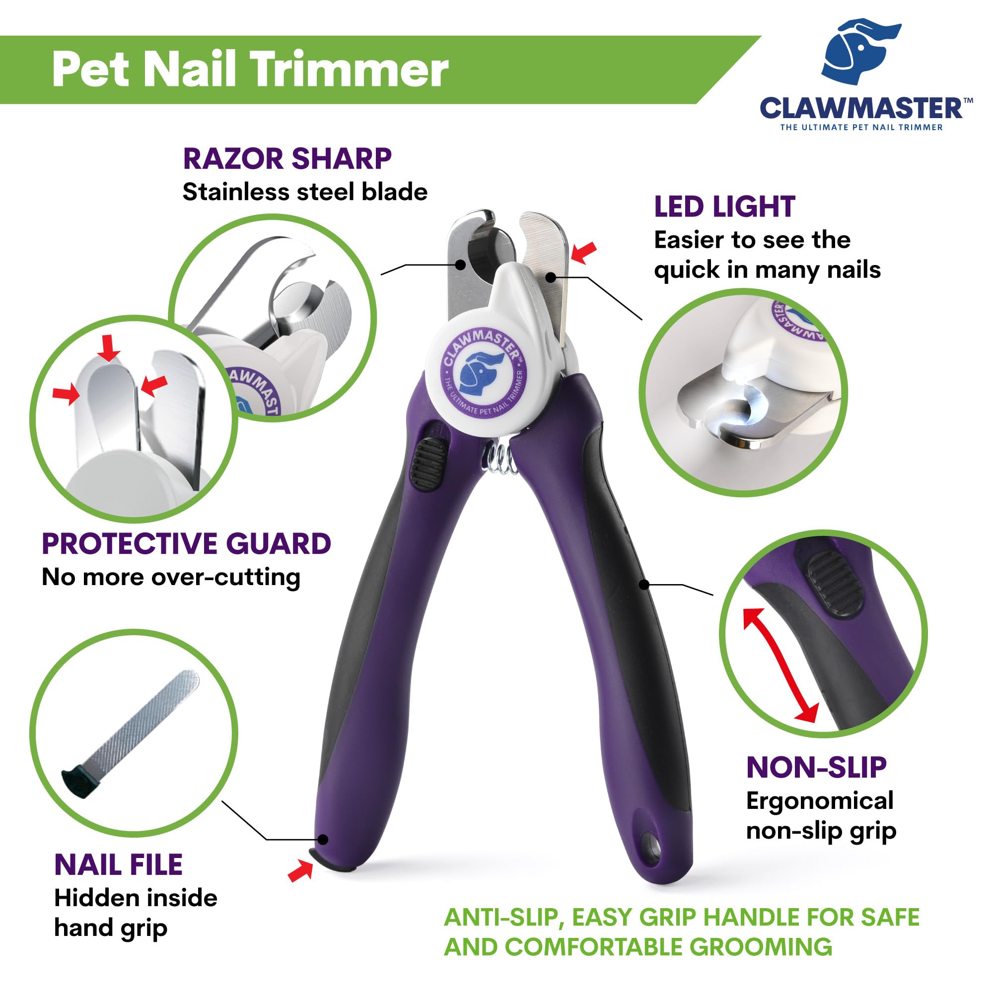 Claw Master - Cortaúñas para mascotas, LED brillante, duradero, preciso y seguro, herramienta de aseo para perros, gatos y otras mascotas con hoja de acero inoxidable de 3.5 mm y protector de
