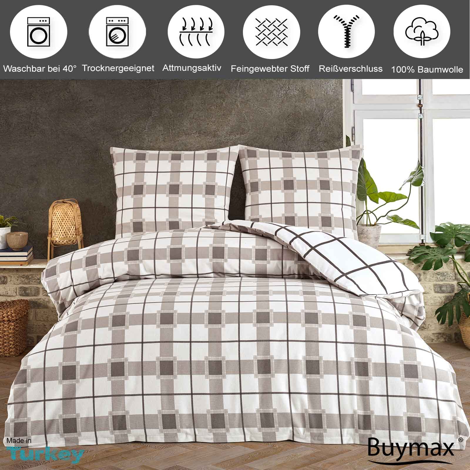 Style Heim Biber Bettwäsche 155x220 cm Flauschige Winterbettwäsche 2 Teilig 100% Baumwolle mit Reißverschluss Bettwäsche-Set Kissenbezug 80x80cm, Wendebettwäsche Kariert Gestreift, Grau Weiß Küche, Haushalt & Wohnen