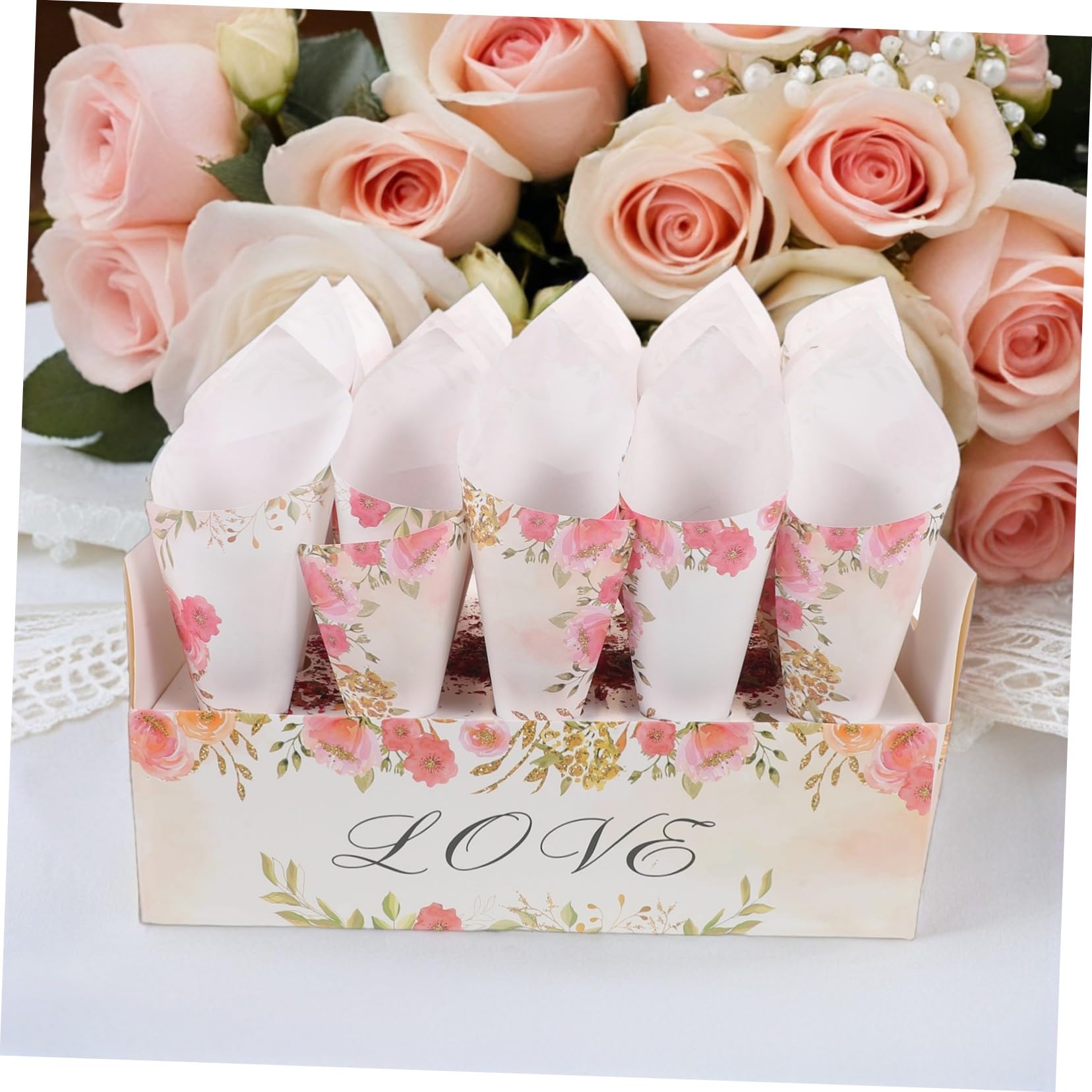 Hochzeitskonfetti Tüten Satz mit Tablett und Kegelhalter für Tischdeko
